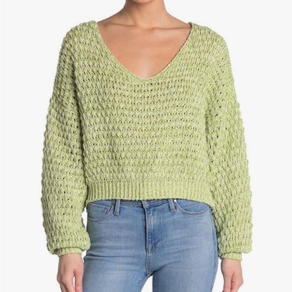 Free People Light Green White Deep V-Neck Coconut Chunky Wide Knit Crop Sweater - Picture 1 of 12